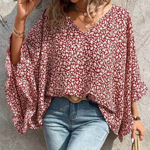 ReStyleBoutiq Tops - NEW Red Floral Batwing Sleeve Blouse Size Medium